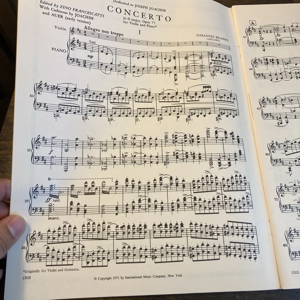 Brahms Concerto in‎ D major Opus 77 Violin Piano Francescatti Sheet Music Book